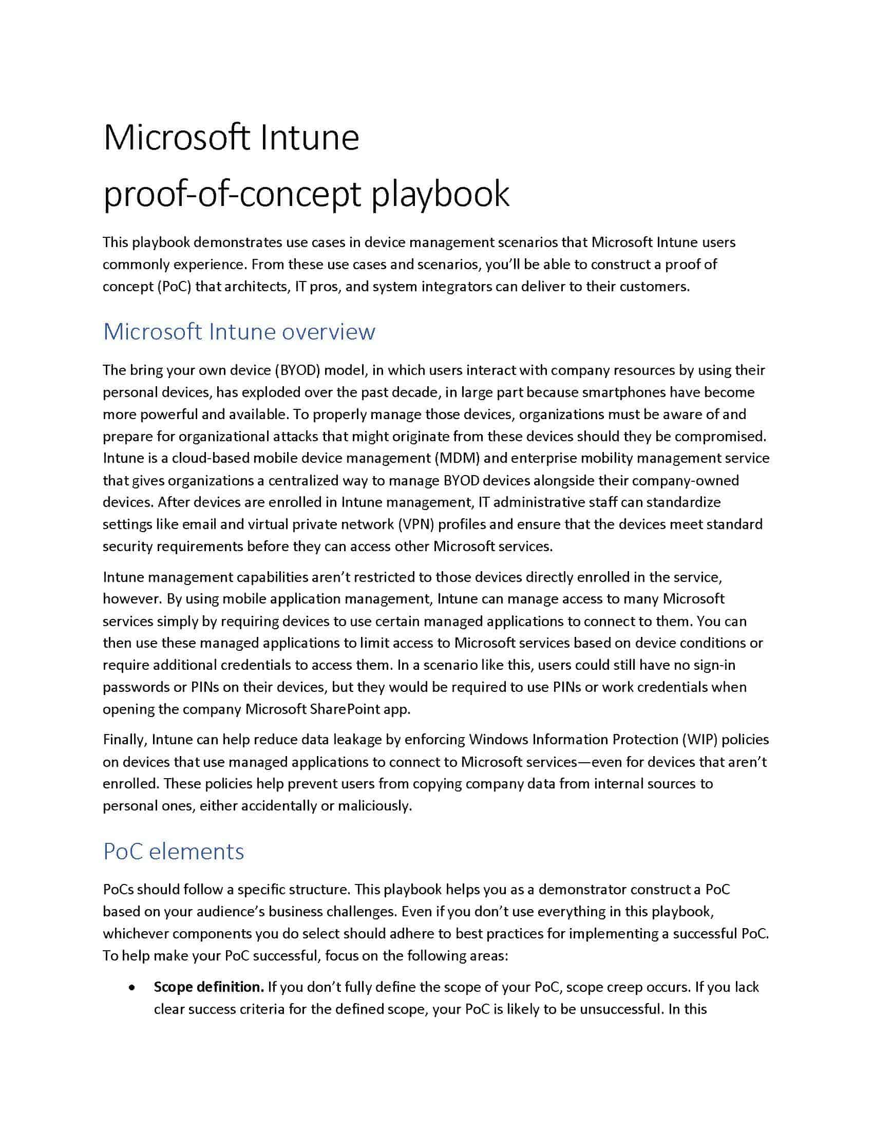 Page 1 from the Microsoft Intune proof of concept (PoC) playbook