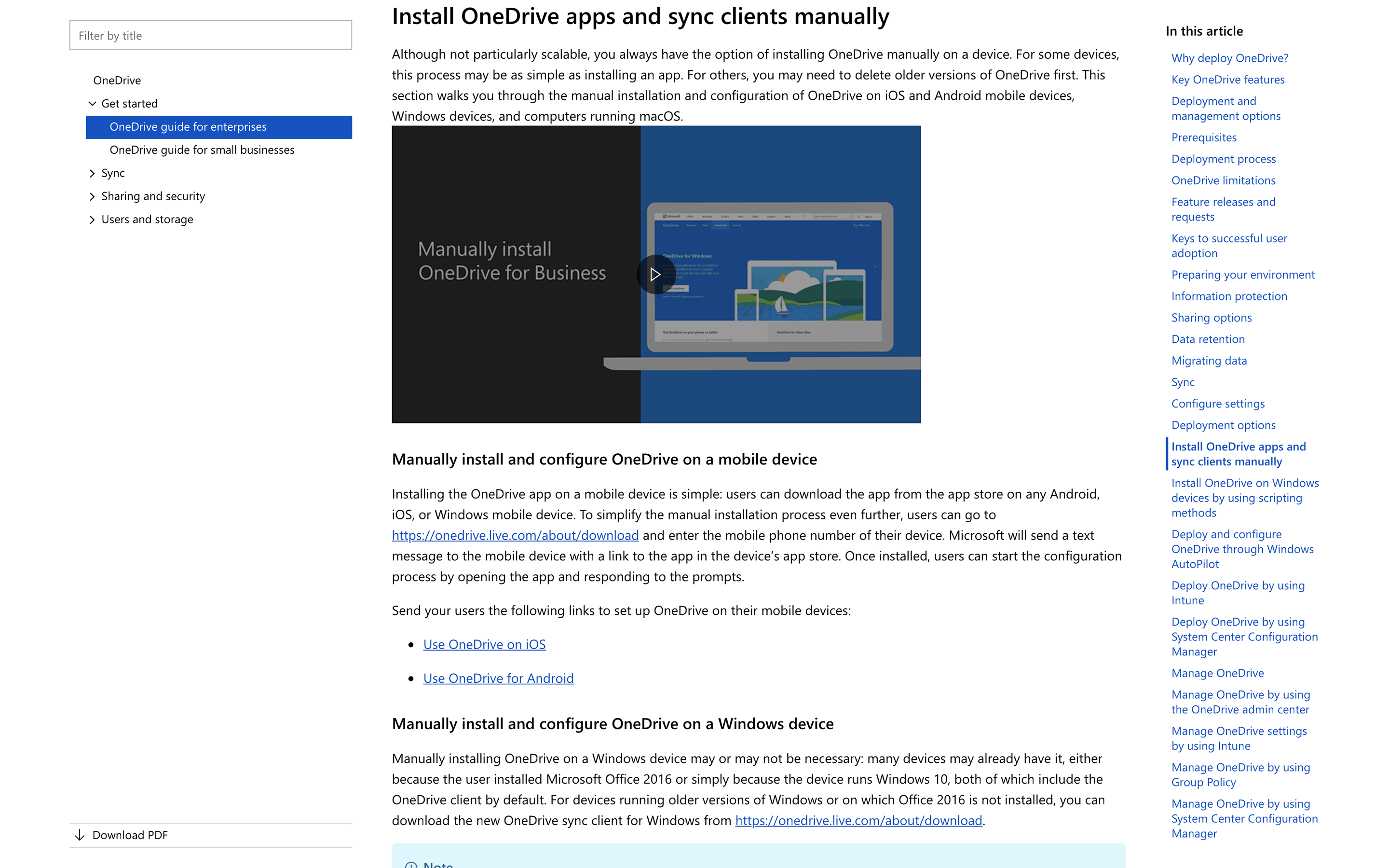 Screenshot of the “Install OneDrive apps and sync clients manually” section