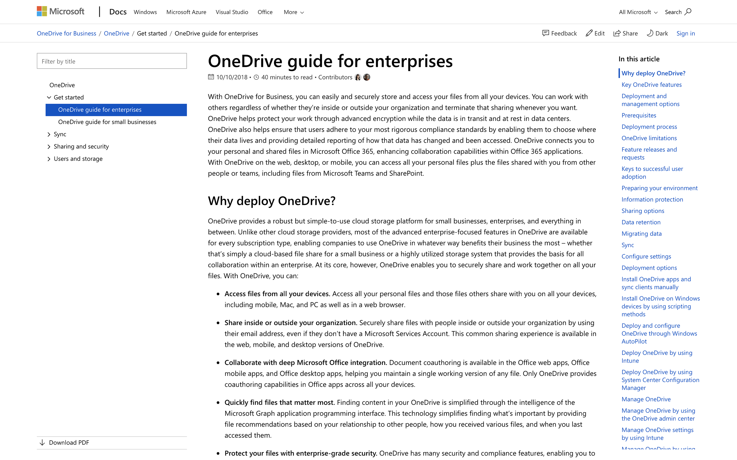 Screenshot of the introduction to the OneDrive Guide for enterprises