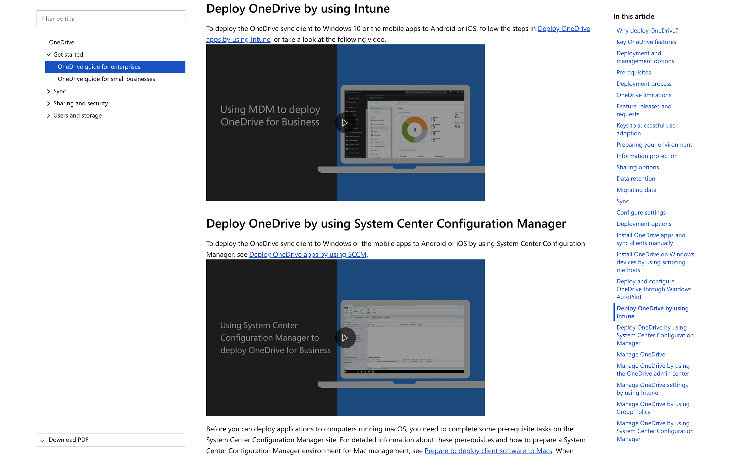 Screenshot of the “Deploy OneDrive by using Intune” section