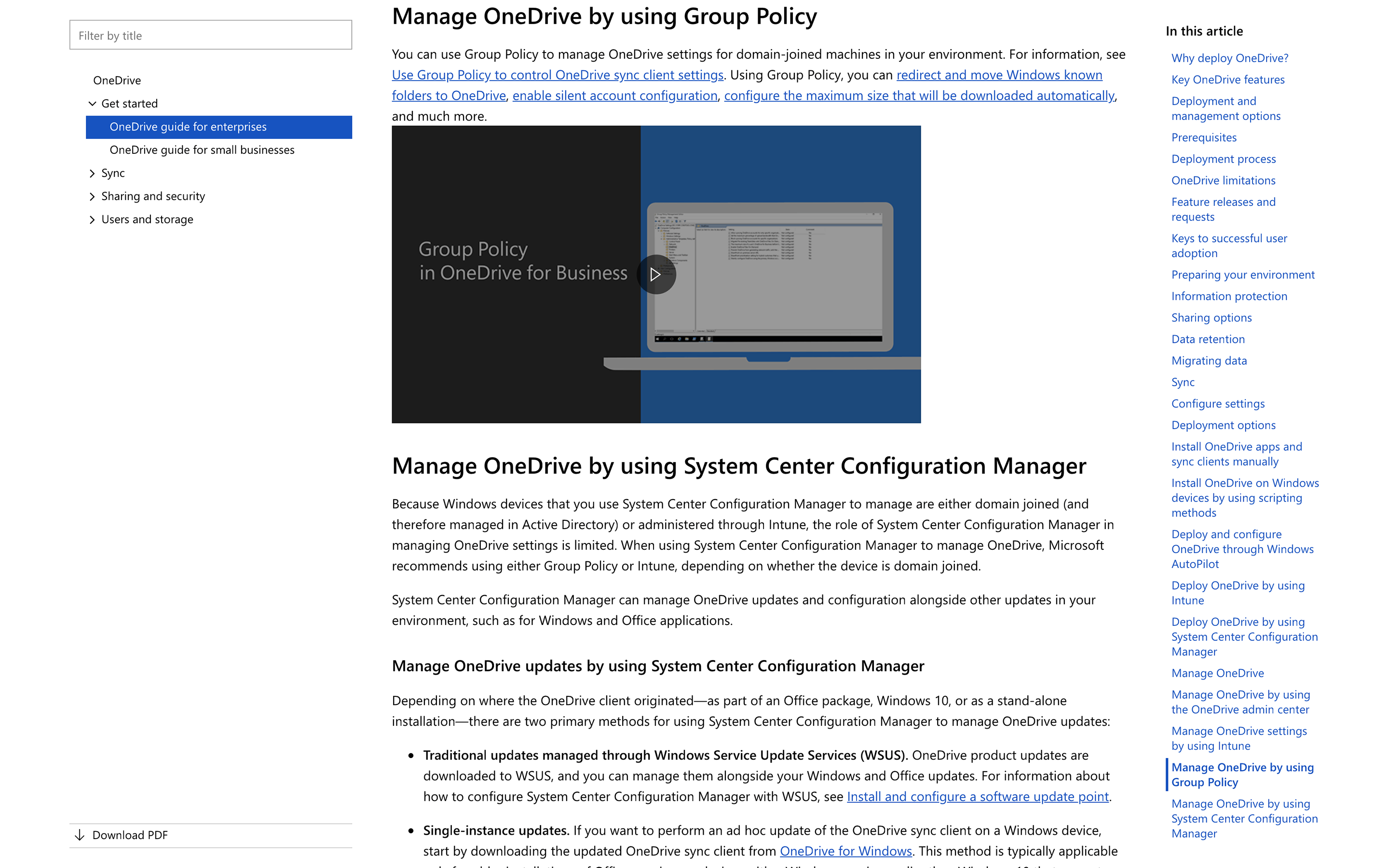 Screenshot of the “Manage OneDrive by using Group Policy” section