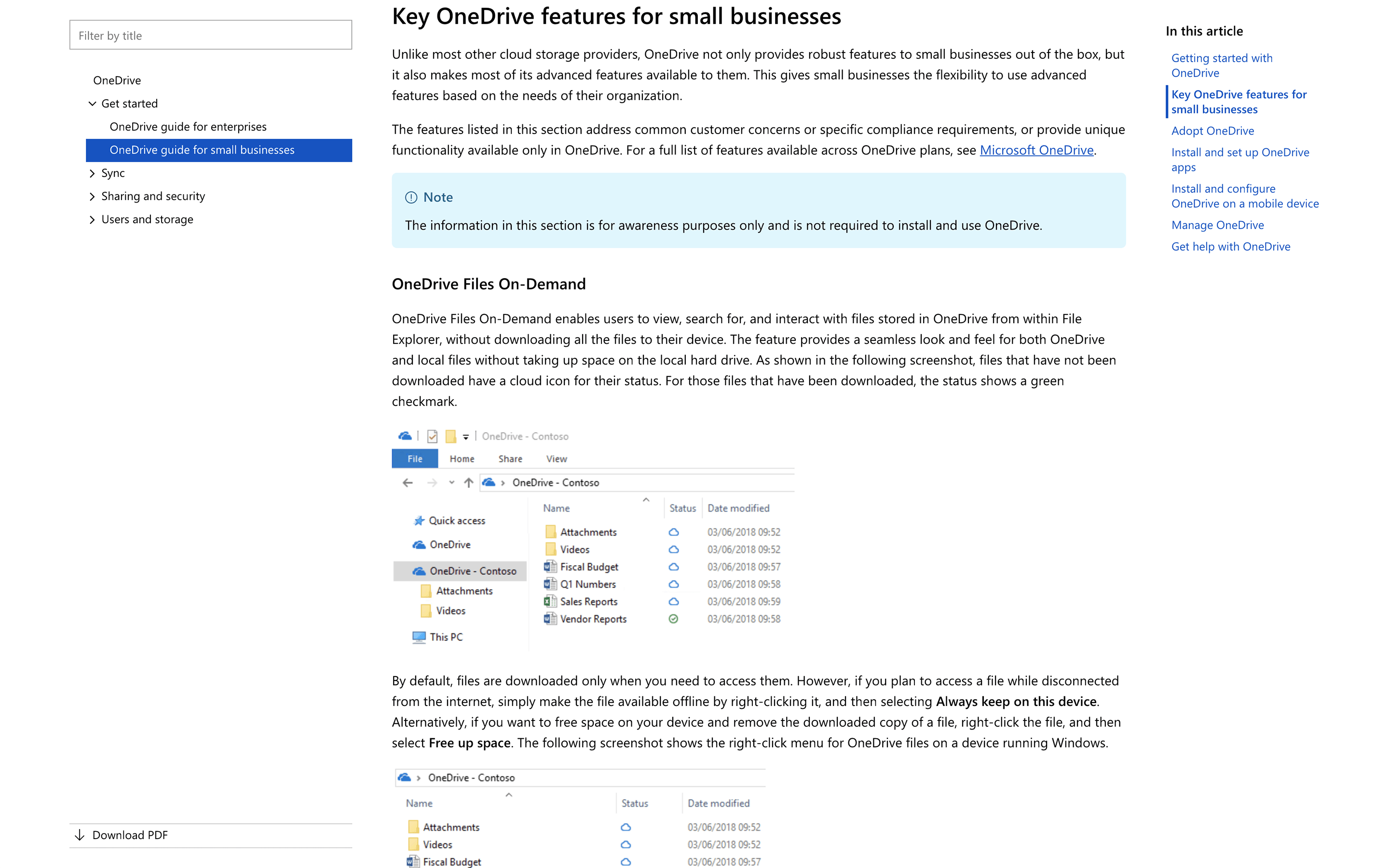 Screenshot of the “Key OneDrive features for small businesses” section