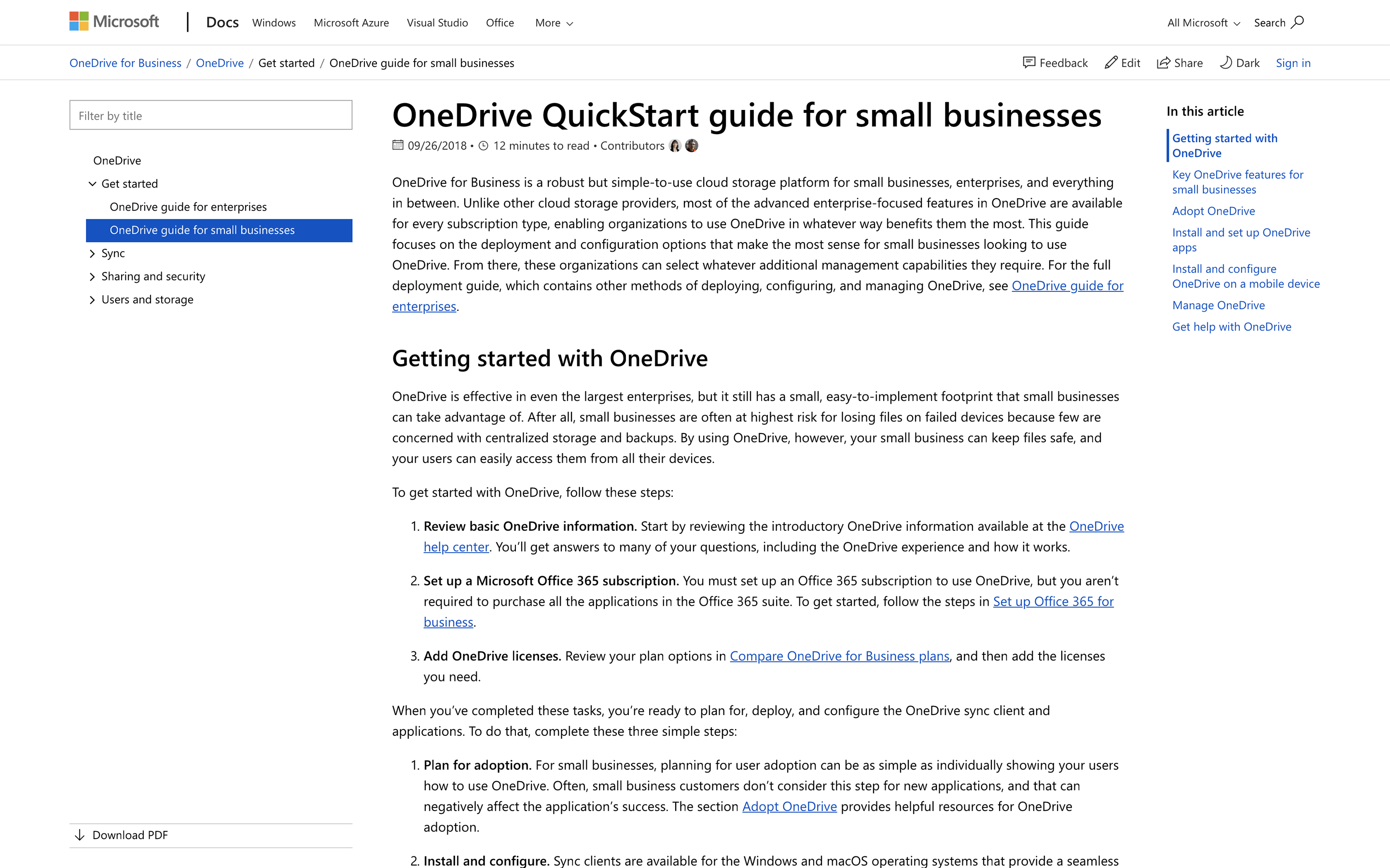 Screenshot of the introduction to the OneDrive QuickStart guide for small businesses